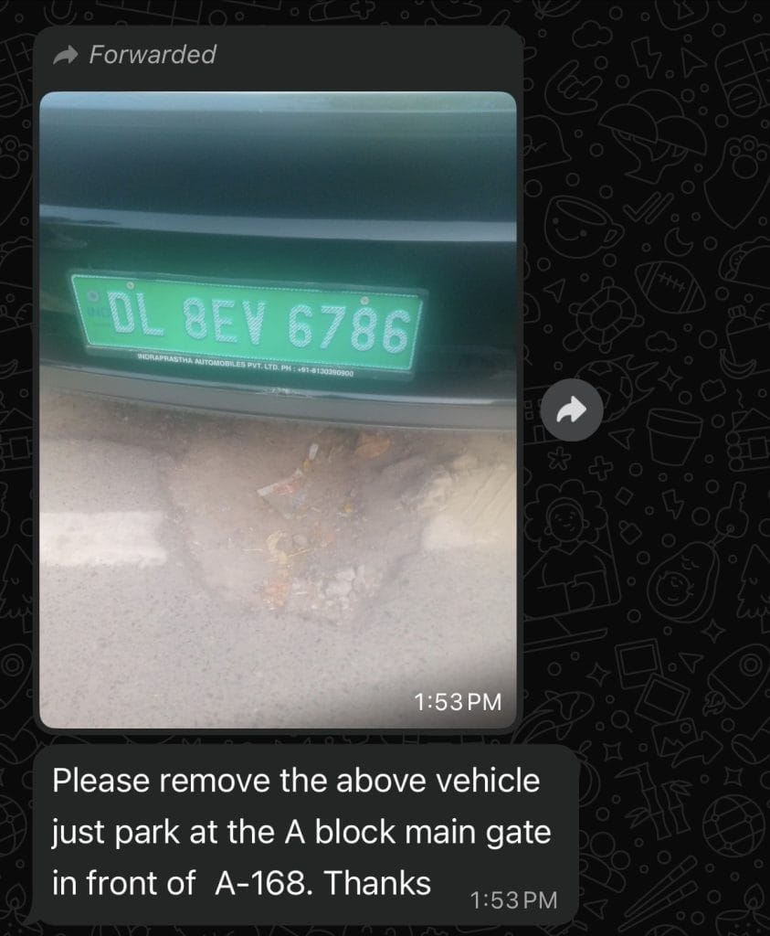 Screenshot from the Preet Vihar RWA WhatsApp group, where residents complain about vehicles parked outside a temple | Special arrangement