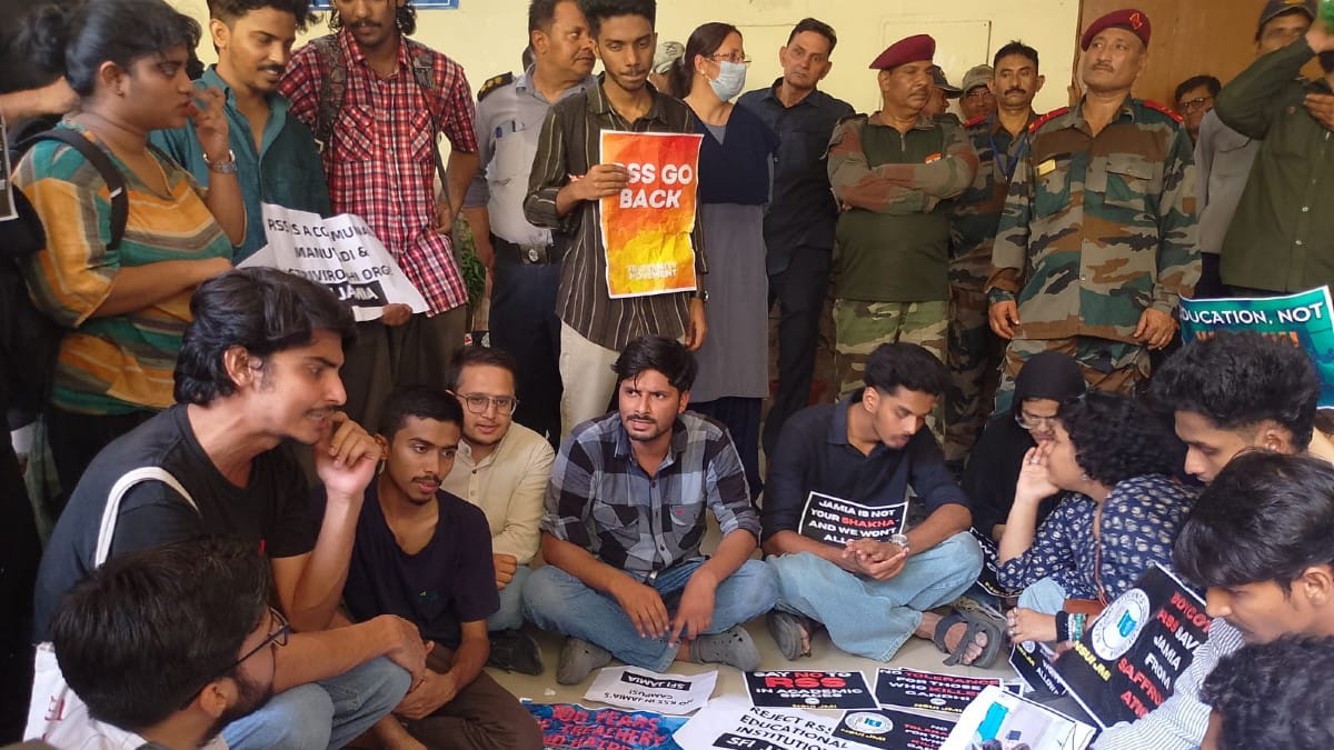 Students affiliated with NSUI, Left groups staging protest on campus on 28 April 2026 | By special arrangement