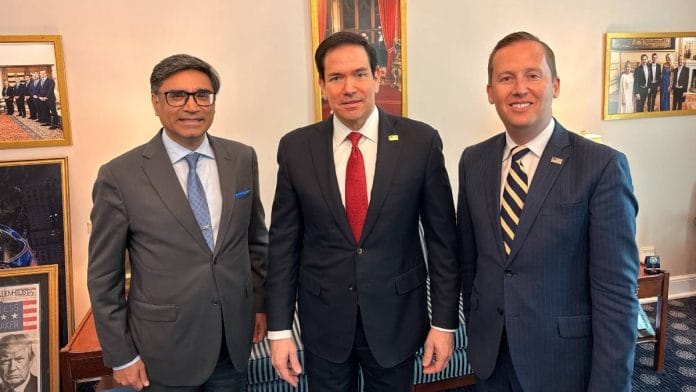Foreign Secretary Vikram Misri (far left) with US State Secretary Marco Rubio (centre) and US Ambassador to India Sergio Gor | Photo: X/@USAmbIndia
