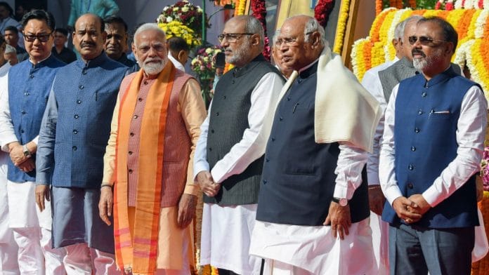 (L-R) Parliamentary Affairs Minister Kiren Rijiju, Lok Sabha Speaker Om Birla, PM Narendra Modi, Vice President CP Radhakrishnan and Congress president Mallikarjun Kharge at Prerna Sthal, Parliament House, New Delhi on 14 April 2026 | Naveen Sharma/ANI
