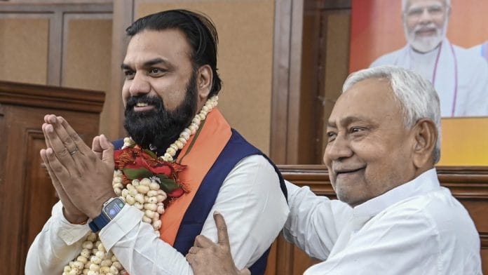 JD(U) national president Nitish Kumar greets Bihar Deputy Chief Minister Samrat Choudhary during the National Democratic Alliance (NDA) legislators' meeting, in Patna, Tuesday, April 14, 2026. | PTI Photo
