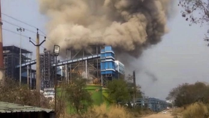 Smoke erupts from Vedanta power plant after a powerful boiler explosion on Tuesday, at Singhitarai, in Sakti District, Chhattisgarh, Tuesday, April 14, 2026. The death toll in a blast has gone up to 17 with four more workers succumbing to injuries, police said on Wednesday. | PTI Photo