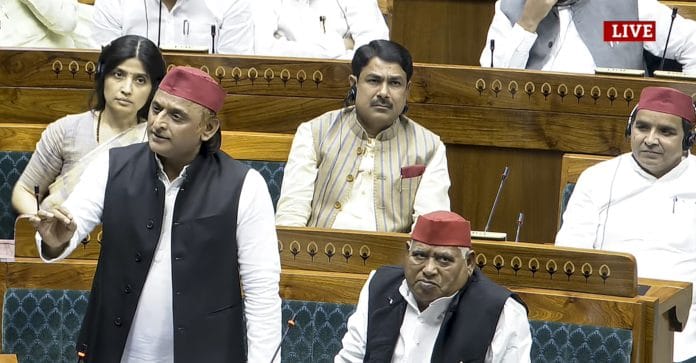 Samajwadi Party MP Akhilesh Yadav speaks in the Lok Sabha during the Special session of Parliament, in New Delhi, Thursday, April 16, 2026. | Sansad TV via PTI Photo
