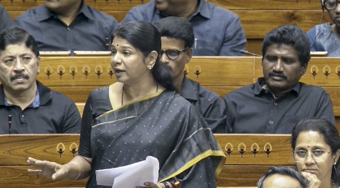 DMK MP Kanimozhi Karunanidhi speaks in the Lok Sabha during the Special session of Parliament, in New Delhi, Friday, April 17, 2026. | Sansad TV via PTI Photo