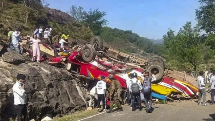 Udhampur: Wrecked remains of a passenger bus after it rolled down a hill, in Jammu and Kashmir's Udhampur district, Monday, April 20, 2026 | PTI