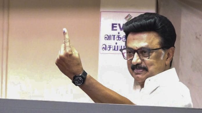 Tamil Nadu Chief Minister and DMK candidate from Kolathur constituency, MK Stalin, shows his ink-marked finger after casting a vote in the state Assembly elections. | PTI
