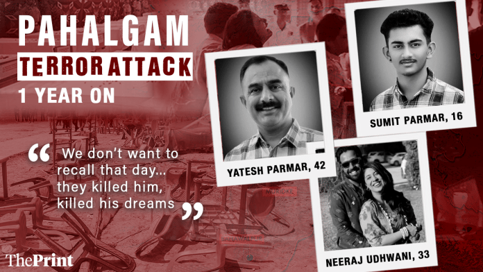 Yatesh Parmar and son Sumit from Bhavnagar, and Neeraj Udhwani were among 26 killed in Pahalgam terror attack | Illustration: Deepakshi Sharma/ThePrint