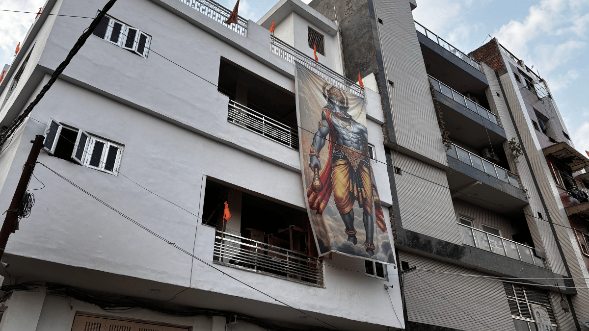 Hindu residents have put up a large poster of what they say is Varaha, the third incarnation of Vishnu, in Onkar Nagar, Tri Nagar, Delhi | Anushka Srivastava, ThePrint