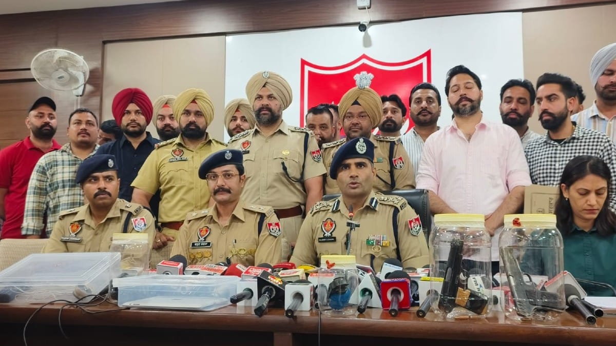 Patiala Range DIG Kuldeep Singh Chahal (centre), SSP Varun Sharma (his right) addressing the media in Chandigarh on 28 April 2026 | By special arrangement