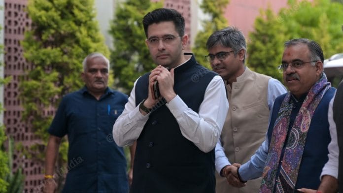 Raghav Chadha and Sandeep Pathak with BJP national general secretary Tarun Chugh at BJP HQ in New Delhi on 24 April 2026 | Suraj Singh Bisht/ThePrint