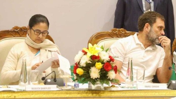 Representational | File photo of Mamata Banerjee and Rahul Gandhi at INDIA bloc meeting in New Delhi on 19 December 2023 | Manisha Mondal/ThePrint