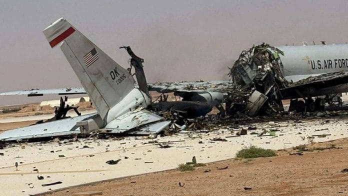 A damaged US Boeing E-3 Sentry airborne warning and control aircraft following an Iranian strike at Prince Sultan Air Base in Saudi Arabia in March 2026 | SOCIAL MEDIA/via REUTERS