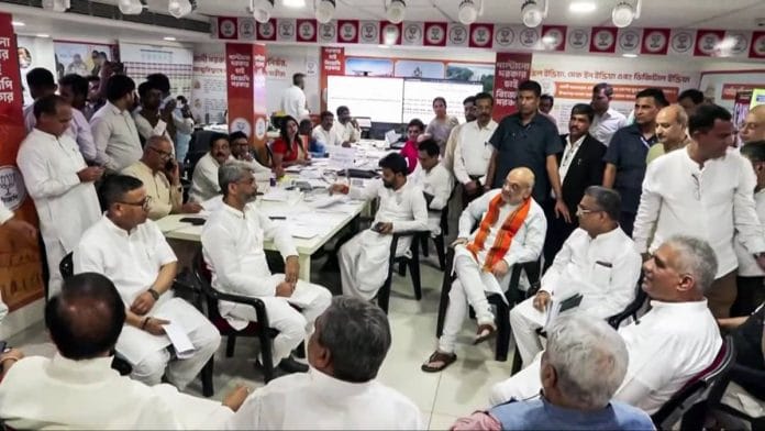 Union Home Minister Amit Shah at the BJP war room in Kolkata Thursday | ANI video grab