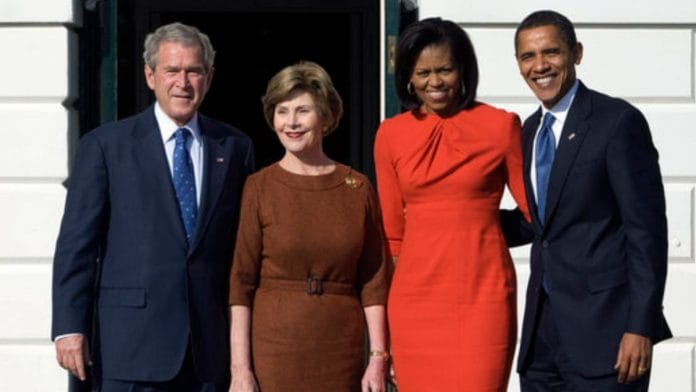 (Left to right) Former US President George W Bush, his wife Laura Bush, former First Lady of US Michelle Obama and ex-US President Barack Obama | Wikimedia Commons