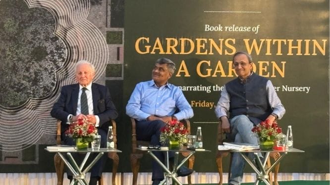 (L-R) Luis Monreal, Srinivas Katikithala, and Anil Rai Gupta at the launch of 'Gardens within a Garden'