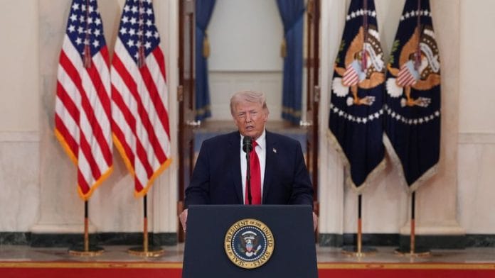 U.S. President Donald Trump delivers an address to the nation about the Iran war at the White House in Washington, D.C., U.S. April 1, 2026. Alex Brandon/Pool via REUTERS