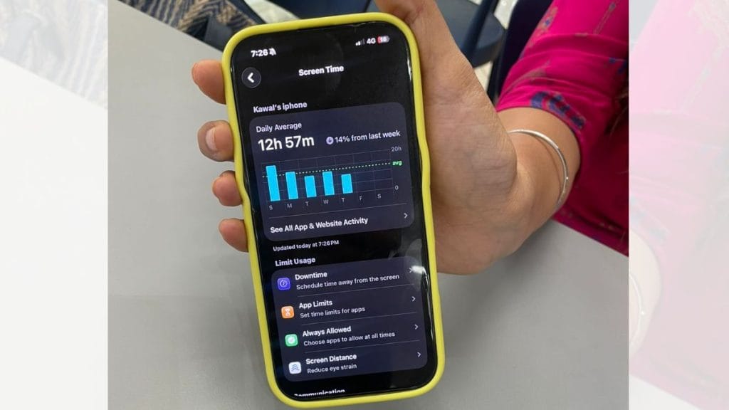 Bhopal-based content creator and food blogger Kawalpreet Kaur Kalsi displays her average daily screen time on the phone. Sabah Gurmat | ThePrint