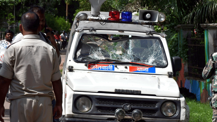 Representational image. | This June 2024 photo shows a police vehicle's windshield vandalised during assistant police personnel protest demanding salary hike & regularisation. | ANI file