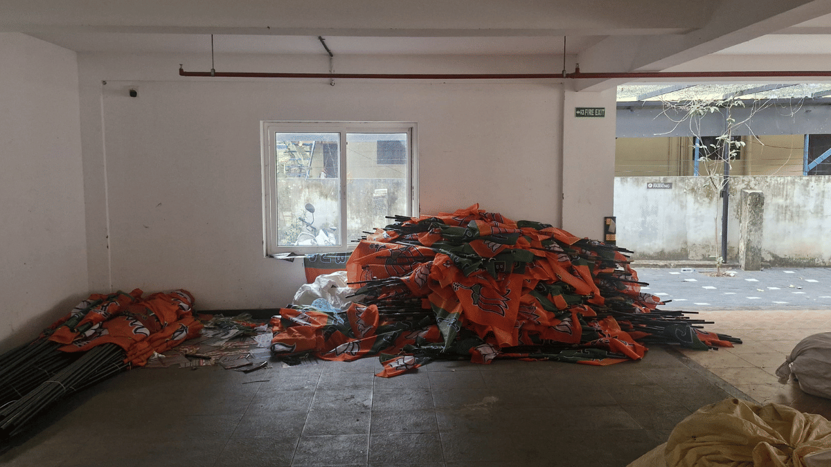 At BJP office on Palace Road, posters and flags that were brought down after PM Modi’s event on Sunday. | Sharan Poovanna/ThePrint