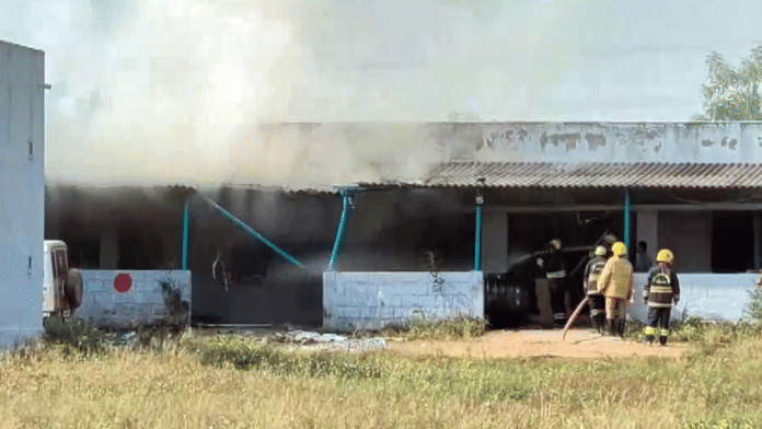 Firefighting operation underway after a massive explosion occurred at a firecracker factory in Virudhunagar on Sunday | fire and rescue dept/ANI