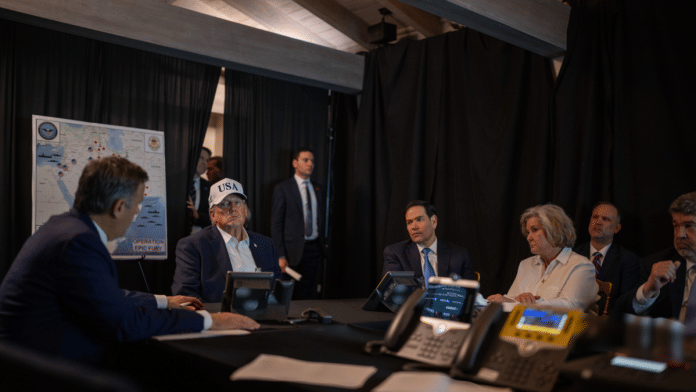 The cable signed by US Secretary of State Marco Rubio (sitting to the right of US President Donald Trump) suggests embassy, consulate staff work with Pentagon psychological operations unit | X/@WhiteHouse