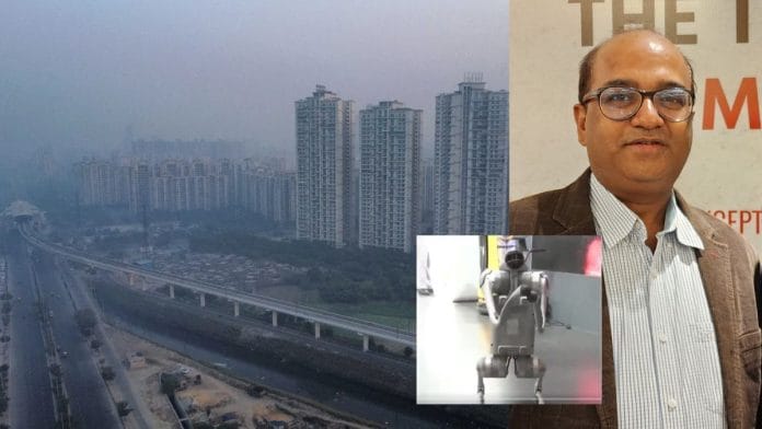 A view of Noida, and file photo of Abhishek Singh, new chief of National Testing Agency, and former CEO of IndiaAI Mission, (inset) Chinese Unitree robot dog presented by Galgotias University at AI Summit | Photos: Suraj Singh Bisht/ThePrint, and X