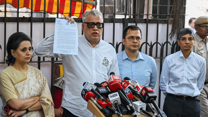 TMC MP Derek O'Brien (holding document) addresses the media after a meeting between TMC delegation and the Election Commission, in New Delhi on Wednesday. He is flanked by fellow party MPs Sagarika Ghose, Saket Gokhale, and Menaka Guruswamy | ANI