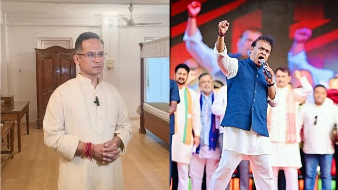 Assam Congress chief Gaurav Gogoi in Jorhat (L) & CM Himanta Biswa Sarma during a public meeting ahead of polls | Sourav Roy Barman/ThePrint, ANI