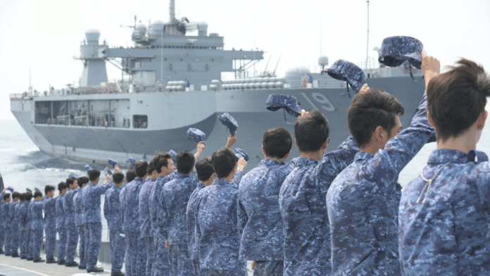 Personnel of Japan Maritime Self-Defense Force during a bilateral exercise with the US Navy | X/@JMSDF_PAO