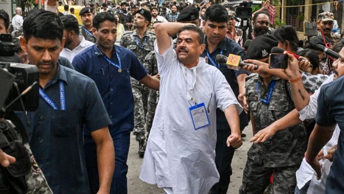 BJP candidate for Bhabanipur and Nandigram, Suvendu Adhikari, visits a polling station in Kolkata | Photo: PTI
