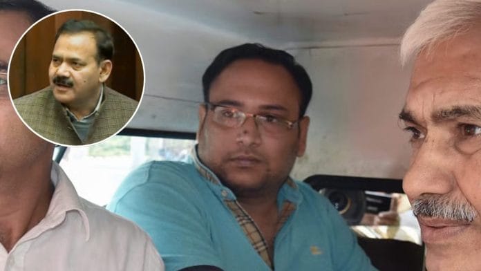 During the arrest of Vinay Bansal (center), the son of late Surender Kumar Bansal (inset) | File Photo | PTI