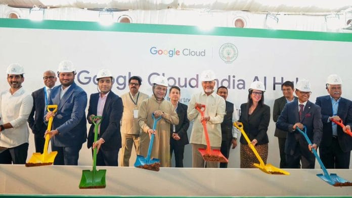 Andhra Pradesh Chief Minister Nara Chandrababu Naidu with other dignitaries during the foundation stone laying of the Google Cloud India AI hub Tuesday | ANI