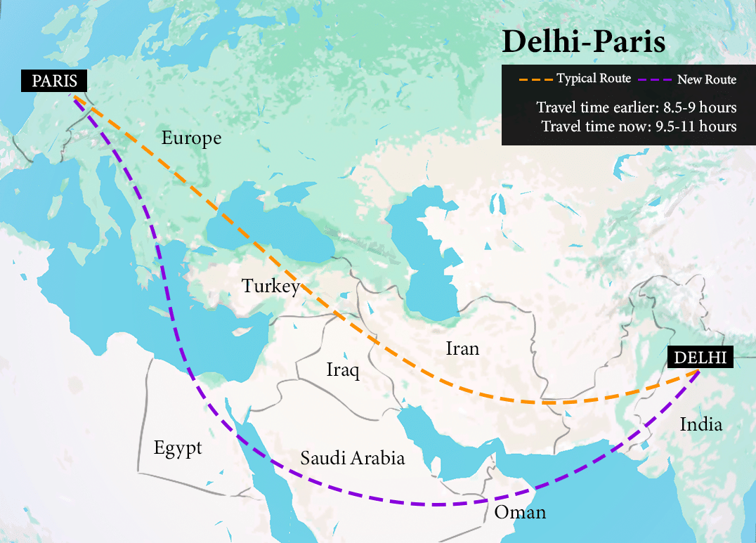 Map shows routes taken by Indian carriers flying from Delhi to Paris and vice-versa before and after Iran war | Shruti Naithani | ThePrint