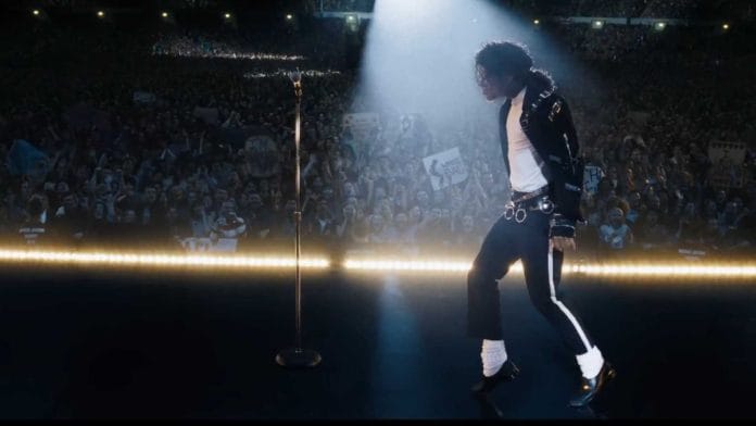 Jaafar Jackson performing a moonwalk in Michael Jackson's biopic
