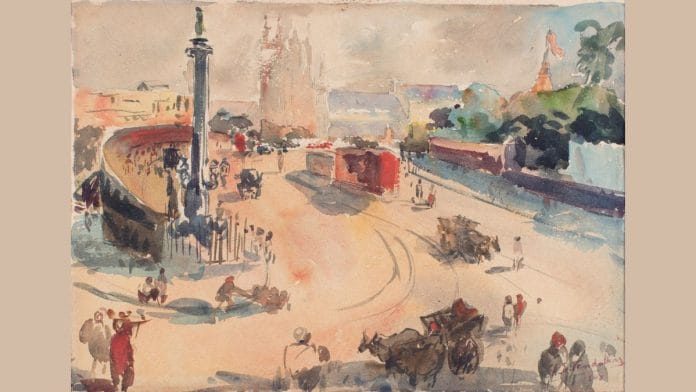 A 1948 untitled painting by AS Tendulkar featuring the Khada Parsi fountain statue at Byculla, Mumbai | DAG