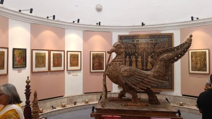 At the centre of one room stands a striking 19th-century wooden sculpture from South India of the Annapakshi Vahanam, a mythical bird form. | Almina Khatoon | ThePrint
