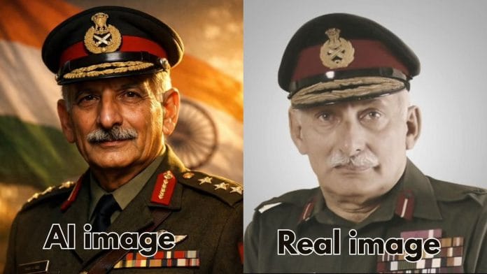 An AI-generated image of Field Marshal Sam Maneshaw next to his real image.
