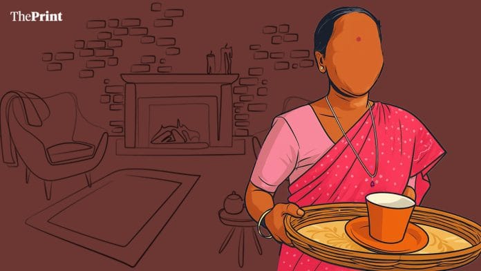 An illustration showing a domestic worker carrying tea in a tray.