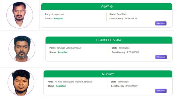 Three candidates named Vijay, including the TVK chief, contesting from Perambur in Tamil Nadu | Source: eci.gov.in