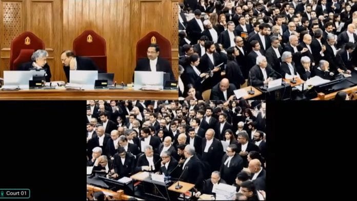 Supreme Court nine-judge bench hearing led by CJI Surya Kant underway in the long-pending Sabarimala temple entry review, along with a batch of connected matters, in New Delhi on Tuesday | Supreme Court YT/ANI