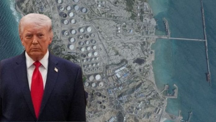 File photo of US President Donald Trump, satellite image of Kharg Island in background | Reuters
