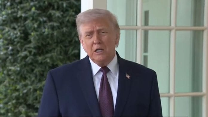 Screenshot of US President Donald Trump speaking to reporters outside the White House Monday, after the US blockade of Iranian ports came into effect | Source: c-span.org