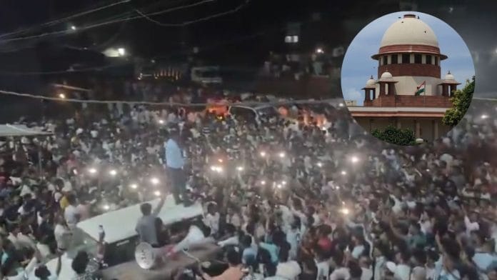 Grab of a video clip shared by West Bengal BJP on X, purportedly showing judicial officers being gheraoed by people in Malda; file photo of Supreme Court (inset)