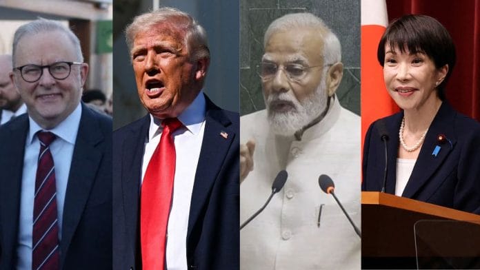 (L-R) Australian PM Anthony Albanese, US President Donald Trump, Indian PM Narendra Modi & Japanese PM Sanae Takaichi | File photos via Reuters & ANI