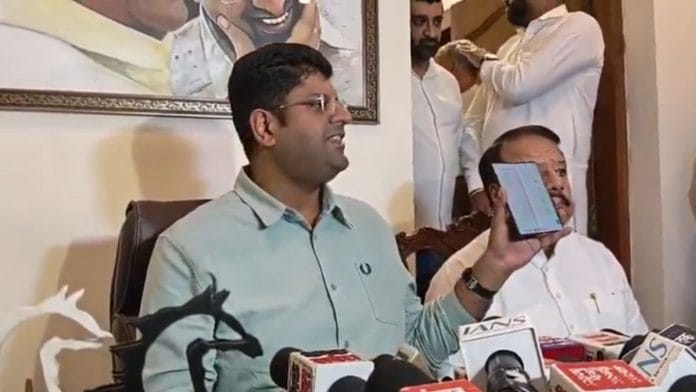 Jannayak Janta Party chief and former Haryana deputy chief minister Dushyant Chautala holding the press conference Monday | Screengrab via X/@Dchautala