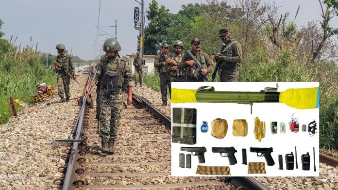 Search operation on a railway track after the blast in Patiala this week; (inset) explosives and ammunition recovered by Punjab Police in Tarn Taran | ANI, special arrangement