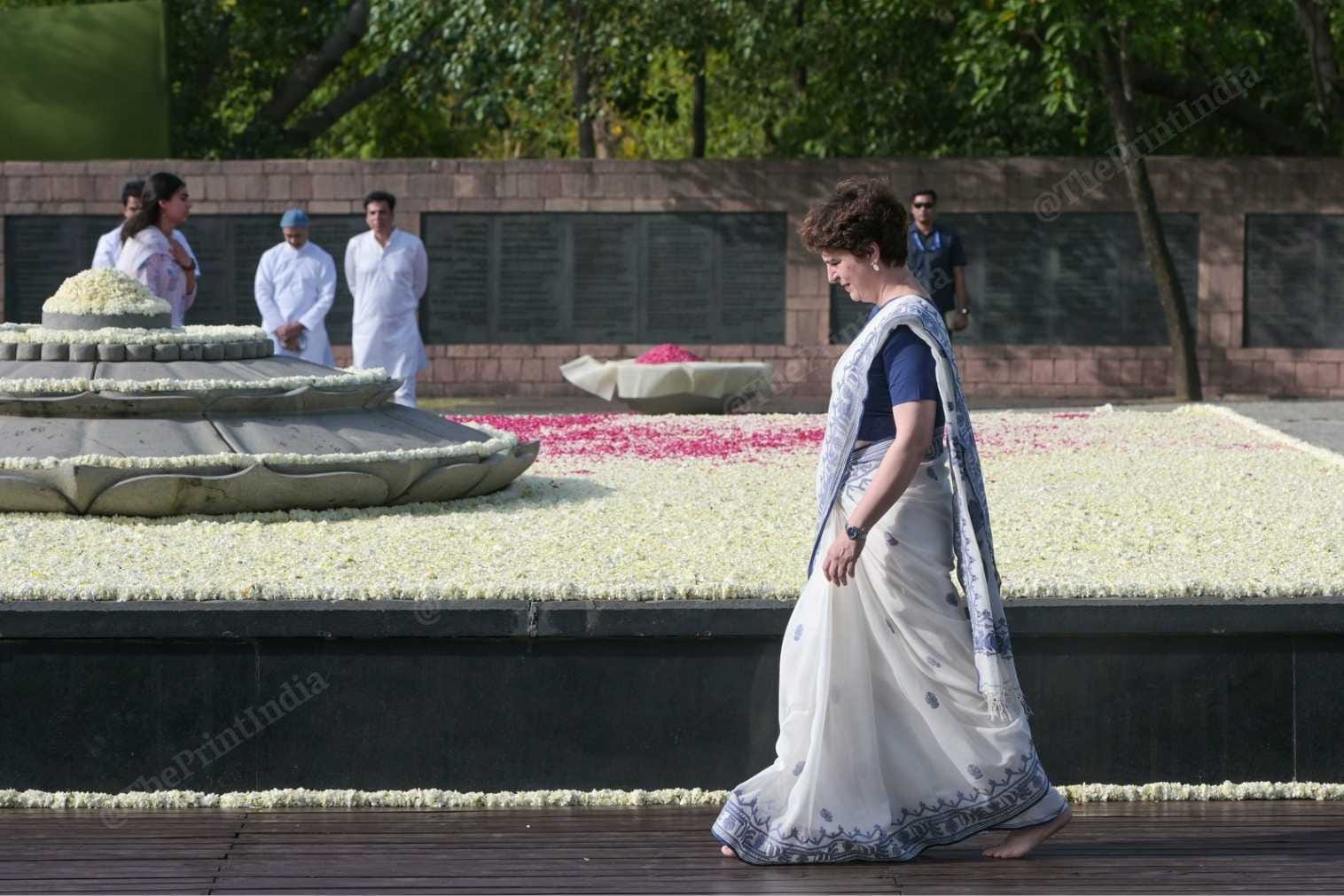 Congress general secretary, Priyanka Gandhi Vadra, at New Delhi's Veer Bhumi on the 35th death anniversary of her father, former Indian Prime Minister Rajiv Gandhi. Also present on the occasion were party president Mallikarjun kharge, Rajya Sabha MP Sonia Gandhi and Leader of Opposition Lok Sabha Rahul Gandhi. | Suraj Singh Bisht | ThePrint