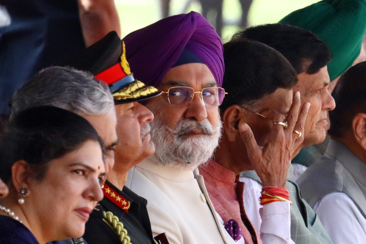 Army chief Gen Upendra Dwivedi, Delhi L-G Taranjit Singh Sandhu and Union ministers at Rashtrapati Bhavan | Praveen Jain | ThePrint