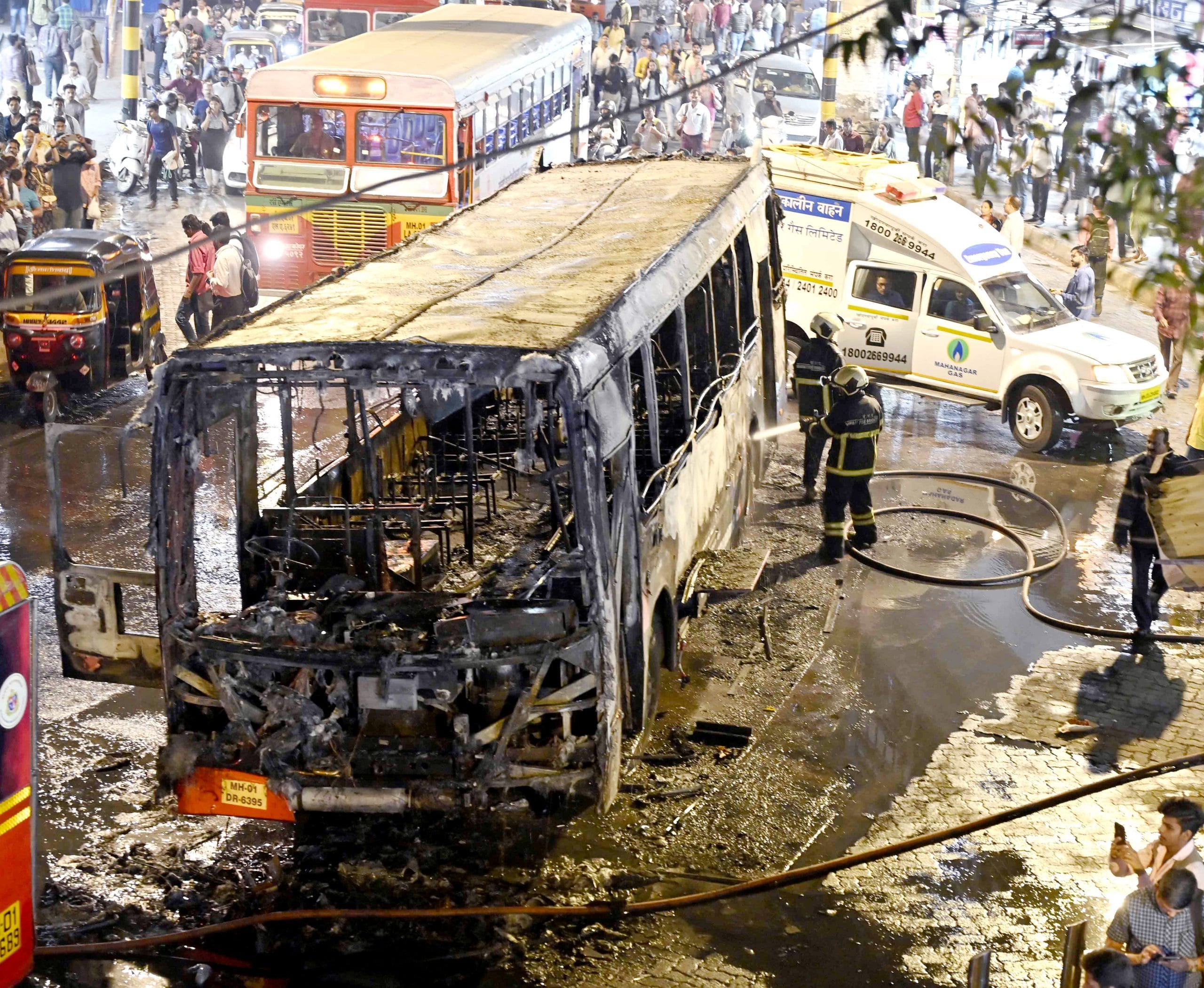 An AC BEST bus caught fire near railway station at Andheri East on 23 February 2023. | ANI 