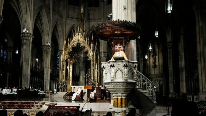 FILE PHOTO: New York Archbishop Timothy Dolan attends the mass before blessing food donations prepared by Catholic Charities for families in need ahead of Thanksgiving week, outside St. Patrick’s Cathedral in New York City, U.S., November 23, 2025. | REUTERS/Eduardo Munoz./File Photo